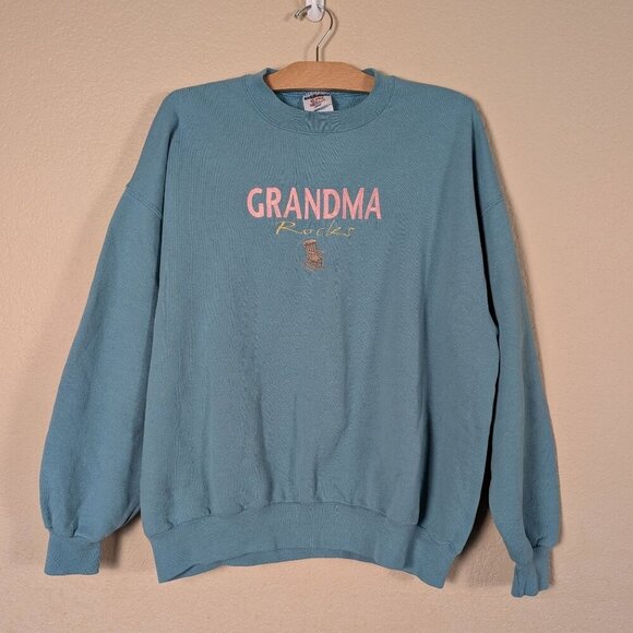VTG 90s JERZEES Sweatshirt Grandma Rocks Adult XL Teal Embroidered Granny - Picture 1 of 7
